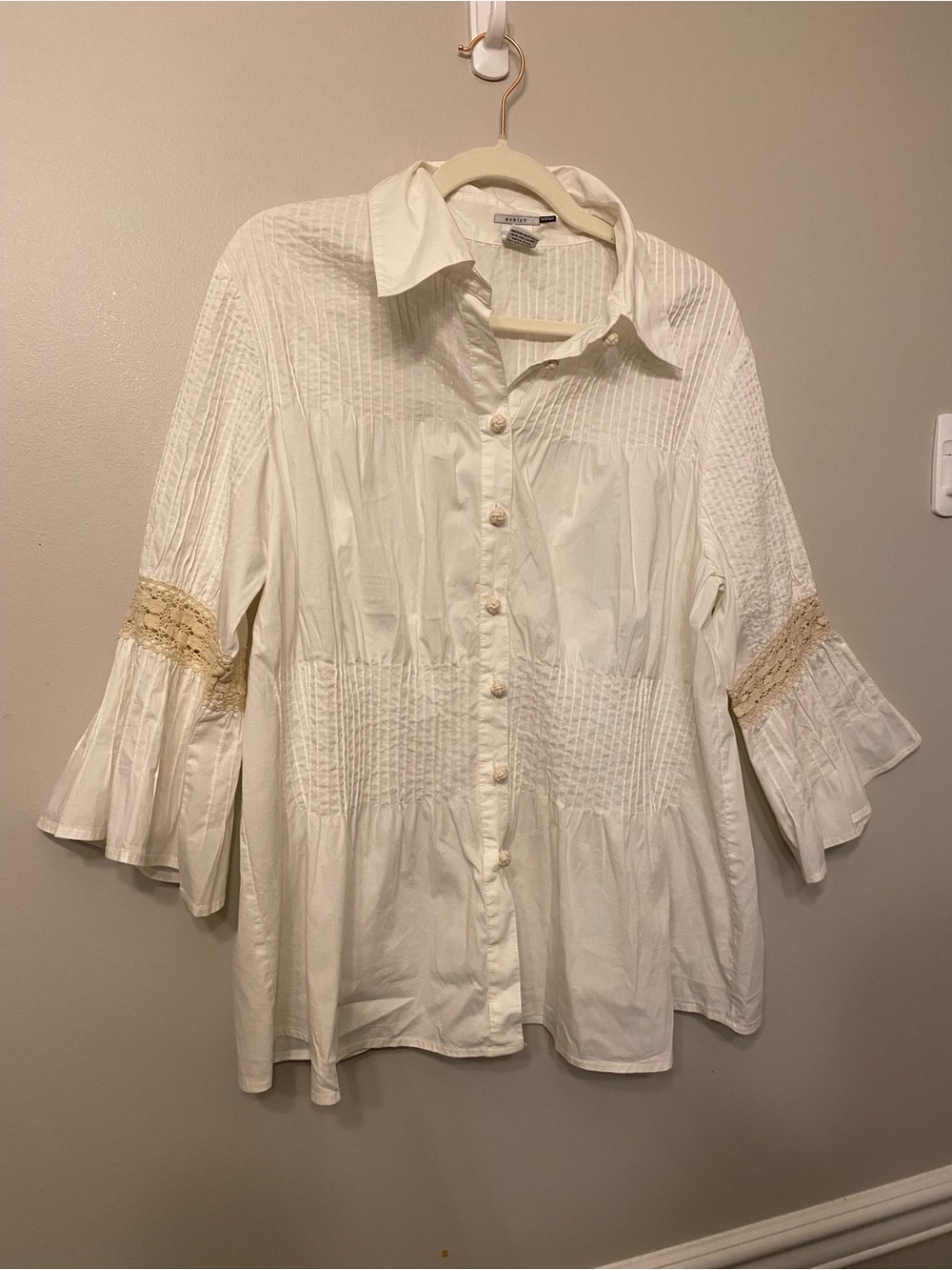 Boho Cream Button-Front Blouse with Lace Trim